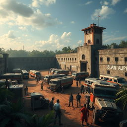 A fortified prison with big walls, situated in a jungle, transformed into a sanctuary from zombies