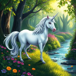 A whimsical and vibrant unicorn standing majestically in a magical forest