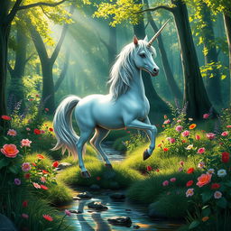 A whimsical and vibrant unicorn standing majestically in a magical forest