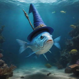 An enchanting underwater scene of a magical fish wearing a pointed wizard's hat, wielding a staff, casting spells in an undersea world.