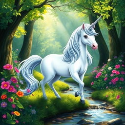 A whimsical and vibrant unicorn standing majestically in a magical forest