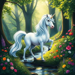 A whimsical and vibrant unicorn standing majestically in a magical forest