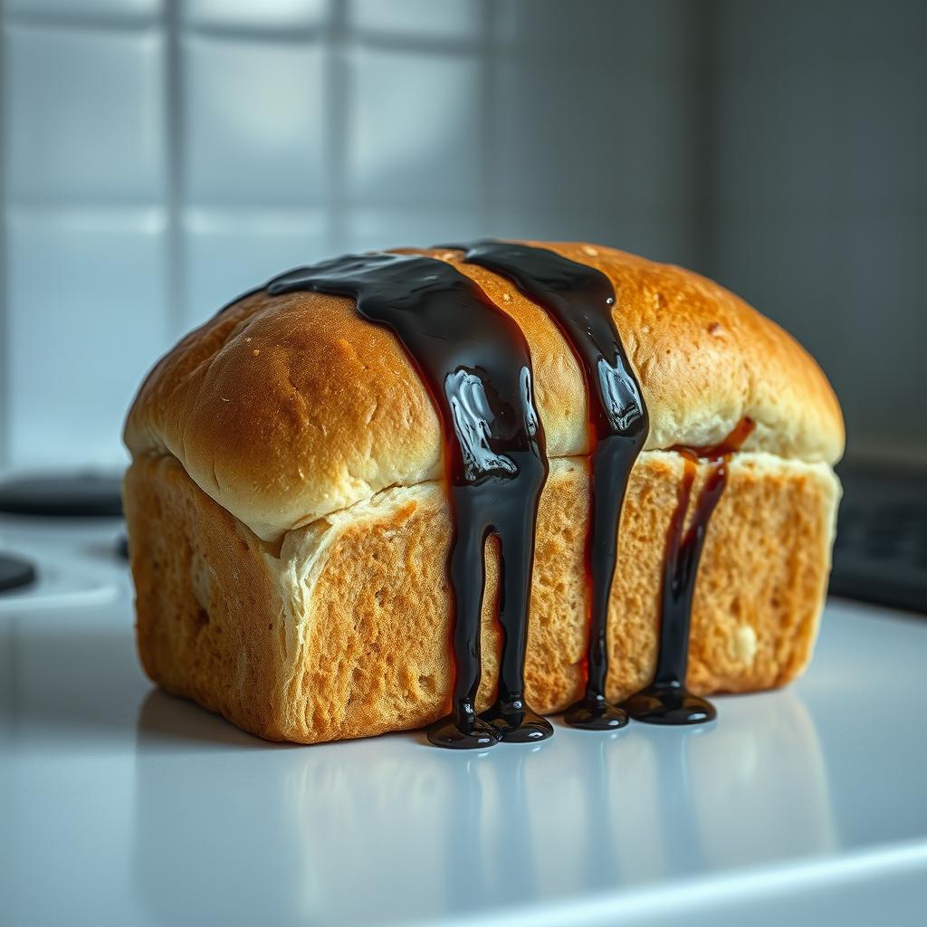 A compelling image of a loaf of bread contaminated with engine grease