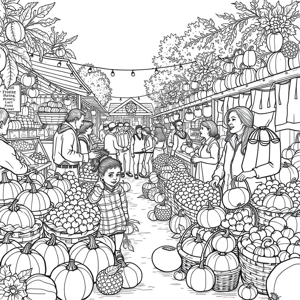 Black and white coloring book illustration capturing the lively essence of a fall market scene