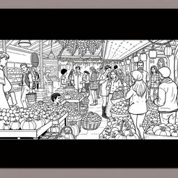 Black and white coloring book illustration capturing the lively essence of a fall market scene