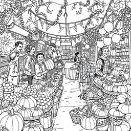 Black and white coloring book illustration capturing the lively essence of a fall market scene