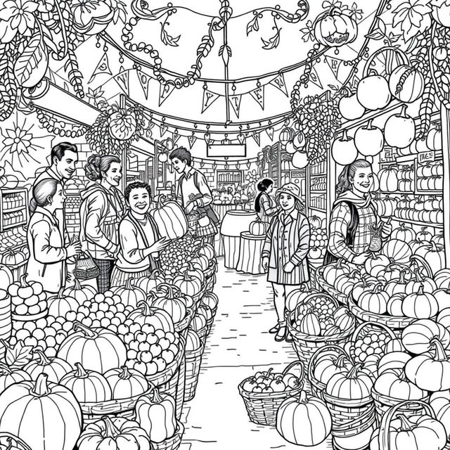 Black and white coloring book illustration capturing the lively essence of a fall market scene