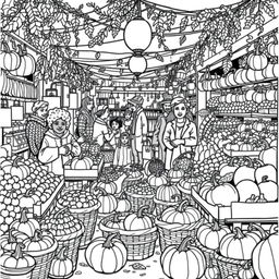 Black and white coloring book illustration capturing the lively essence of a fall market scene