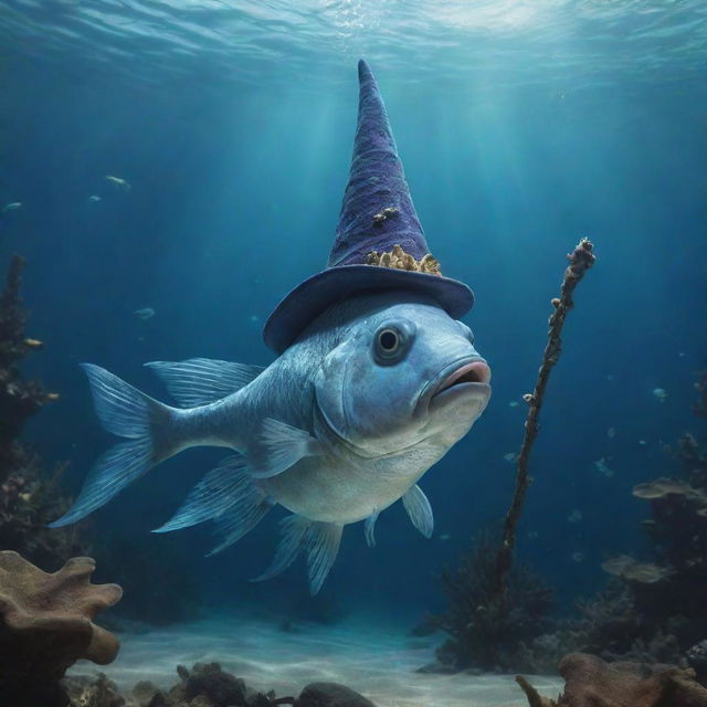 An enchanting underwater scene of a magical fish wearing a pointed wizard's hat, wielding a staff, casting spells in an undersea world.