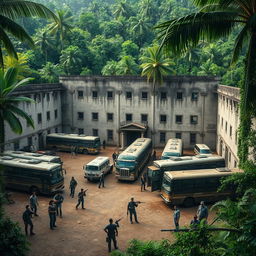 A fortified prison with imposing big walls, serving as a safe haven from zombies, nestled within a jungle