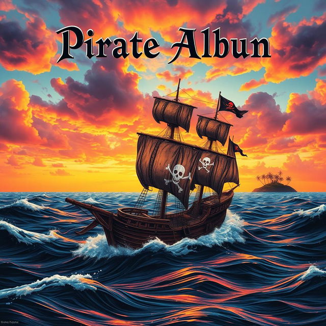 A pirate-themed album cover featuring a rugged pirate ship sailing on turbulent seas with a magnificent sunset in the background