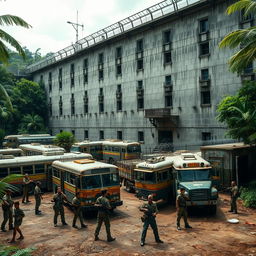 A fortified prison with imposing big walls, serving as a safe haven from zombies, nestled within a jungle