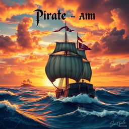 A pirate-themed album cover featuring a rugged pirate ship sailing on turbulent seas with a magnificent sunset in the background
