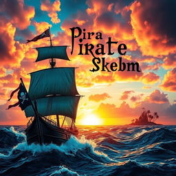 A pirate-themed album cover featuring a rugged pirate ship sailing on turbulent seas with a magnificent sunset in the background