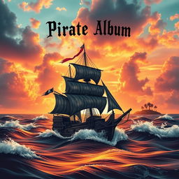 A pirate-themed album cover featuring a rugged pirate ship sailing on turbulent seas with a magnificent sunset in the background