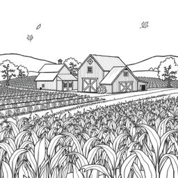 Black and white coloring book illustration capturing the essence of autumn with a rural landscape scene