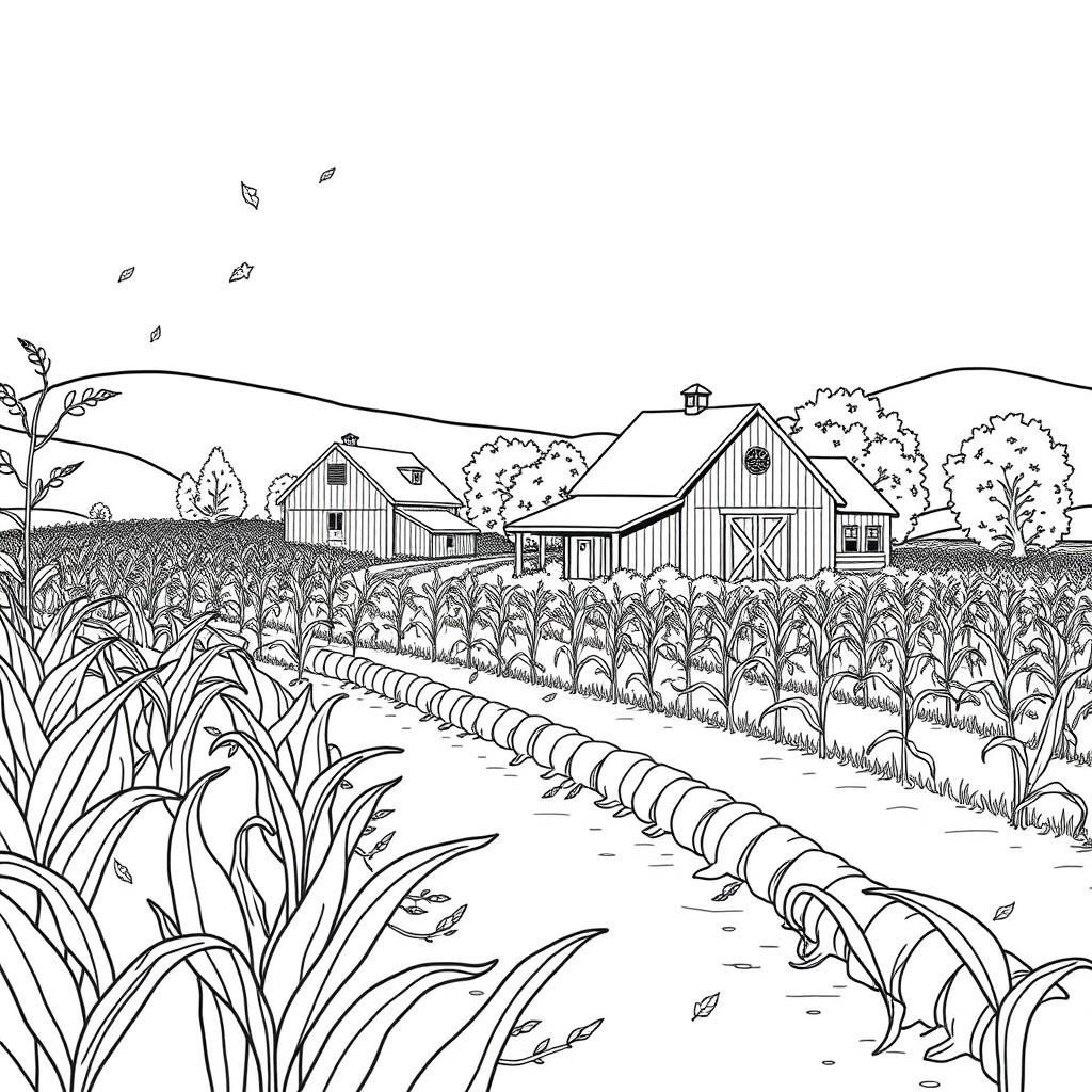 Black and white coloring book illustration capturing the essence of autumn with a rural landscape scene