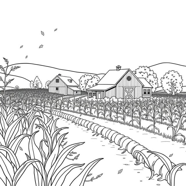 Black and white coloring book illustration capturing the essence of autumn with a rural landscape scene