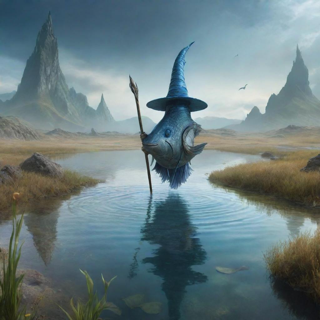 Fantasy scene of a magical fish with a pointed wizard's hat and staff, seemingly out of its water element, amidst an earthly landscape.