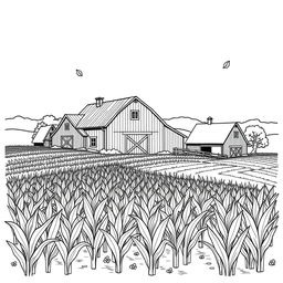 Black and white coloring book illustration capturing the essence of autumn with a rural landscape scene