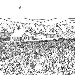 Black and white coloring book illustration capturing the essence of autumn with a rural landscape scene