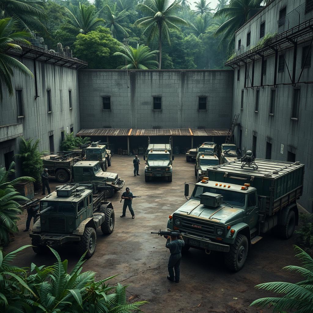 A fortified prison with imposing big walls, set deep within a jungle, transformed into a refuge from zombies