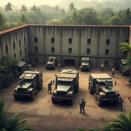 A fortified prison with imposing big walls, set deep within a jungle, transformed into a refuge from zombies