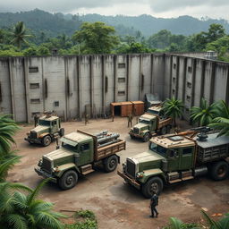 A fortified prison with imposing big walls, set deep within a jungle, transformed into a refuge from zombies