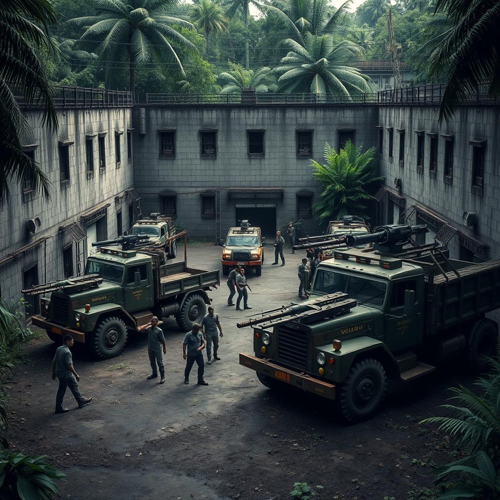 A fortified prison with imposing big walls, set deep within a jungle, transformed into a refuge from zombies