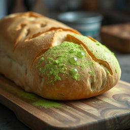 An impactful image of a loaf of bread with visible signs of pesticide contamination