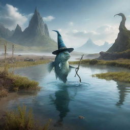 Fantasy scene of a magical fish with a pointed wizard's hat and staff, seemingly out of its water element, amidst an earthly landscape.