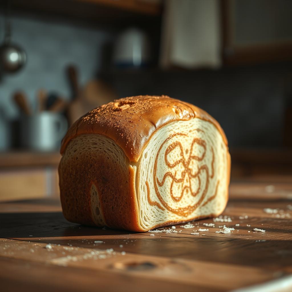 A visually intriguing image of a loaf of bread displayed on a rustic kitchen counter, subtly showcasing signs of pesticide contamination and grease