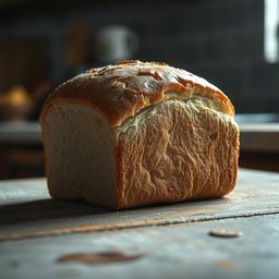 A visually intriguing image of a loaf of bread displayed on a rustic kitchen counter, subtly showcasing signs of pesticide contamination and grease