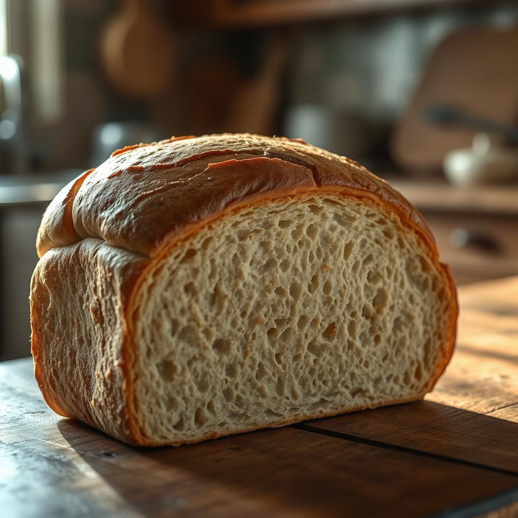 A visually intriguing image of a loaf of bread displayed on a rustic kitchen counter, subtly showcasing signs of pesticide contamination and grease