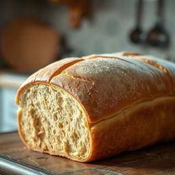 A visually intriguing image of a loaf of bread displayed on a rustic kitchen counter, subtly showcasing signs of pesticide contamination and grease