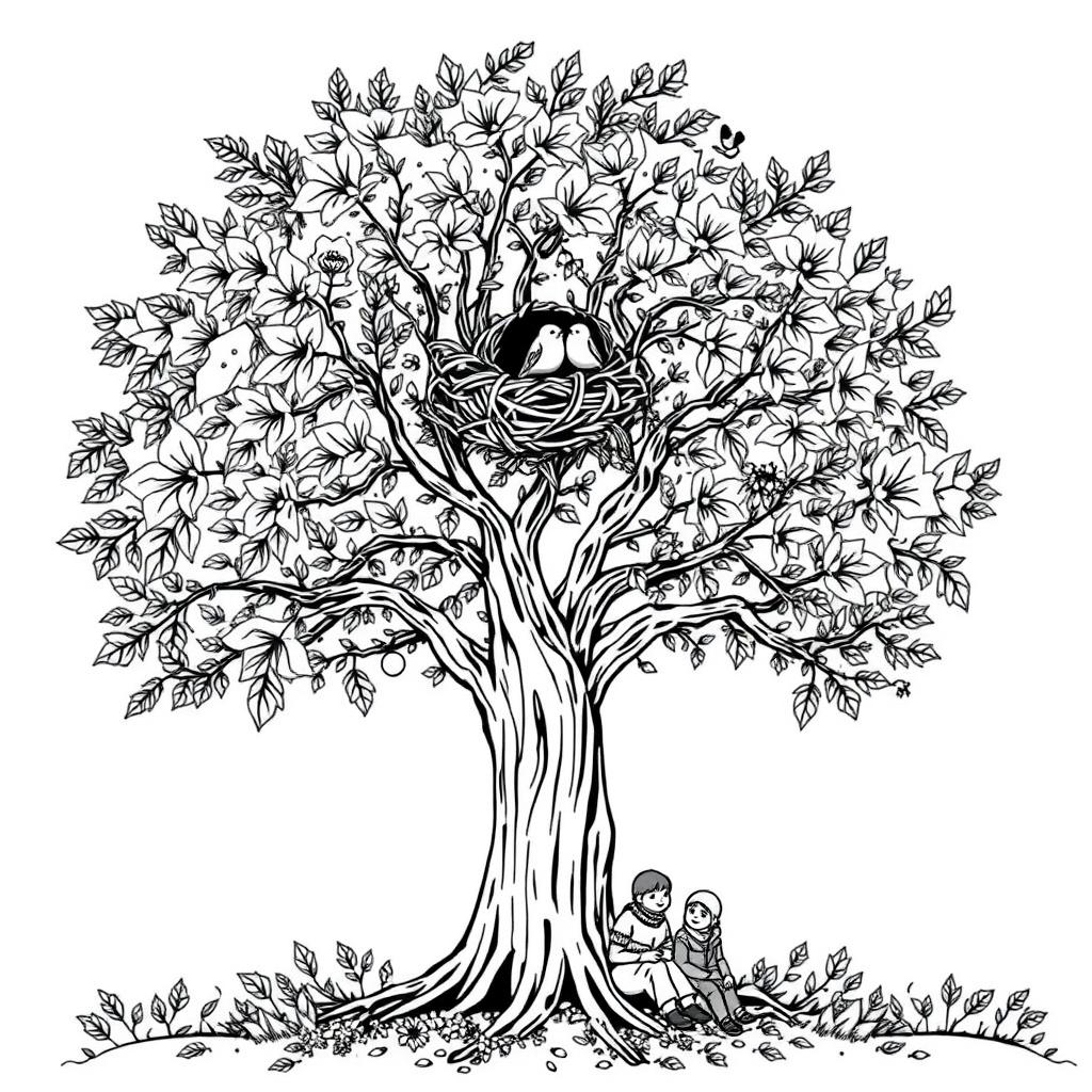 Black and white coloring book illustration capturing the essence of autumn with a detailed scene of a tree