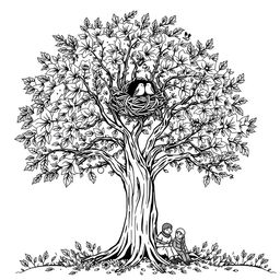 Black and white coloring book illustration capturing the essence of autumn with a detailed scene of a tree