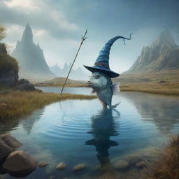 Fantasy scene of a magical fish with a pointed wizard's hat and staff, seemingly out of its water element, amidst an earthly landscape.