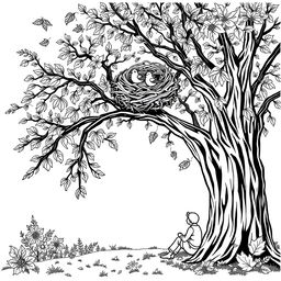 Black and white coloring book illustration capturing the essence of autumn with a detailed scene of a tree