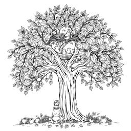 Black and white coloring book illustration capturing the essence of autumn with a detailed scene of a tree