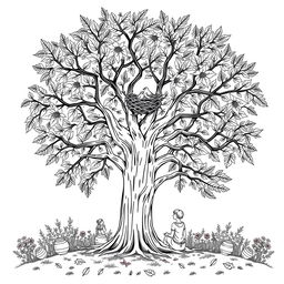 Black and white coloring book illustration capturing the essence of autumn with a detailed scene of a tree