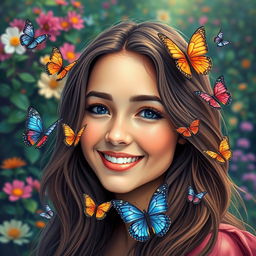 A vibrant and colorful portrait of a young woman with flowing hair, smiling gently, against a backdrop of a lush, blooming garden