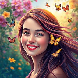 A vibrant and colorful portrait of a young woman with flowing hair, smiling gently, against a backdrop of a lush, blooming garden