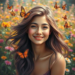 A vibrant and colorful portrait of a young woman with flowing hair, smiling gently, against a backdrop of a lush, blooming garden