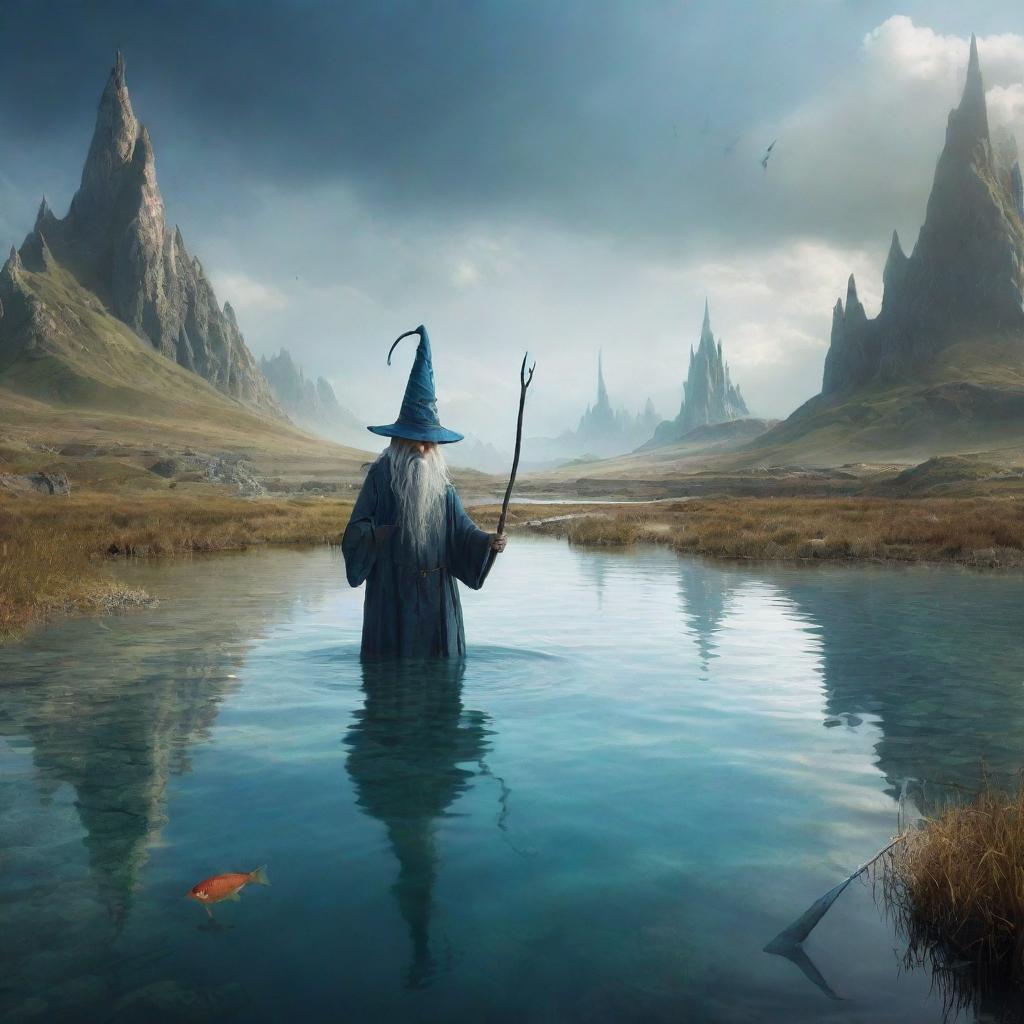 Fantasy scene of a magical fish with a pointed wizard's hat and staff, seemingly out of its water element, amidst an earthly landscape.