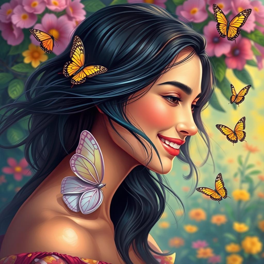 A vibrant and colorful portrait of a young woman with flowing hair, smiling gently, against a backdrop of a lush, blooming garden