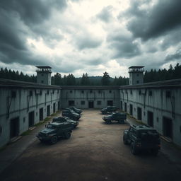 A high-security prison nestled in the middle of a dense, dark forest