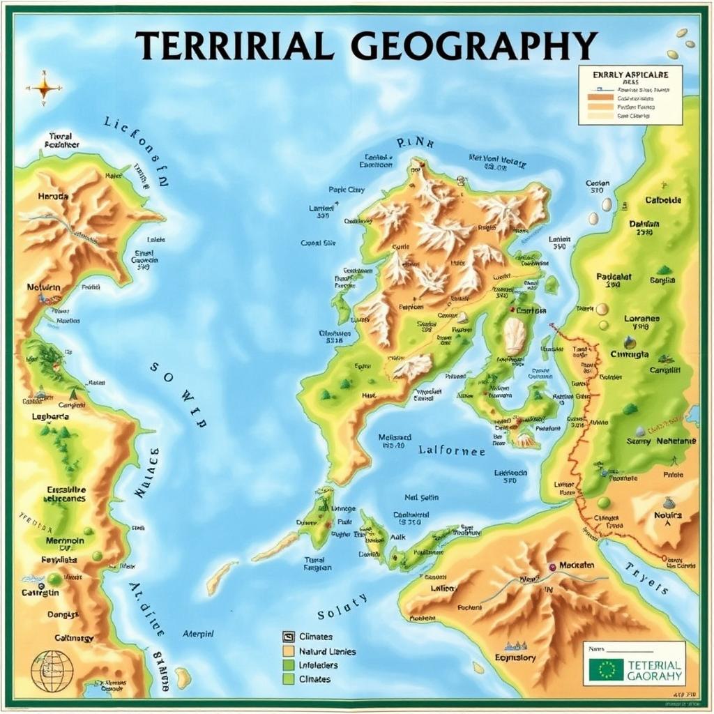 A detailed map illustrating the concept of territorial geography, featuring distinct landforms, natural boundaries such as rivers and mountains, political borders, and various land uses including agriculture, urban development, and conservation areas