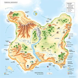 A detailed map illustrating the concept of territorial geography, featuring distinct landforms, natural boundaries such as rivers and mountains, political borders, and various land uses including agriculture, urban development, and conservation areas