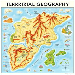 A detailed map illustrating the concept of territorial geography, featuring distinct landforms, natural boundaries such as rivers and mountains, political borders, and various land uses including agriculture, urban development, and conservation areas